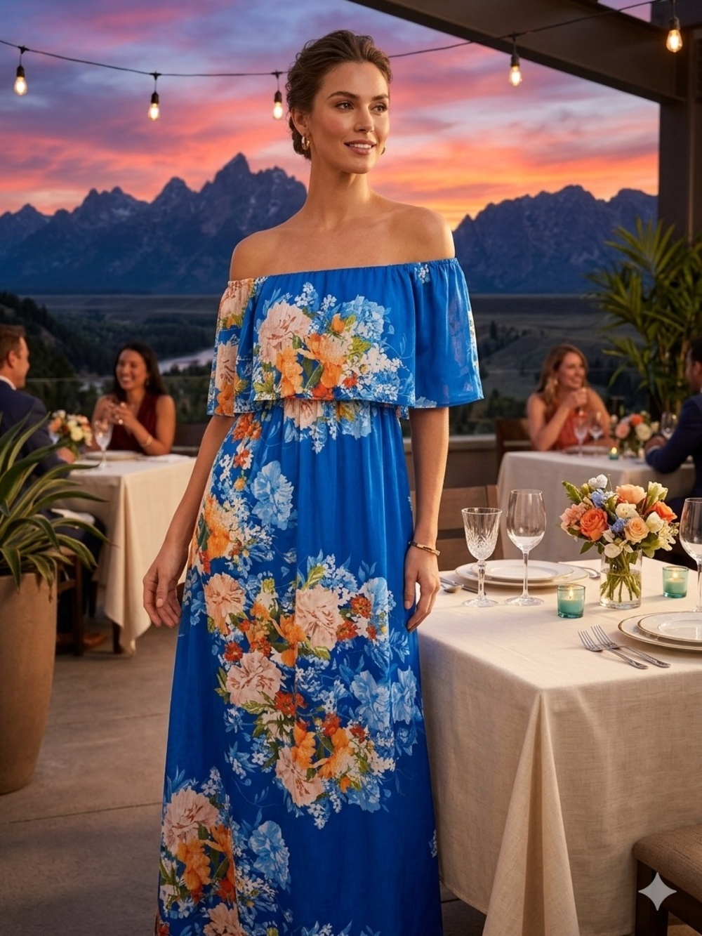 ZARA Cobalt Blue Floral Off The Shoulder Maxi Dress Size S Tropical Vacation